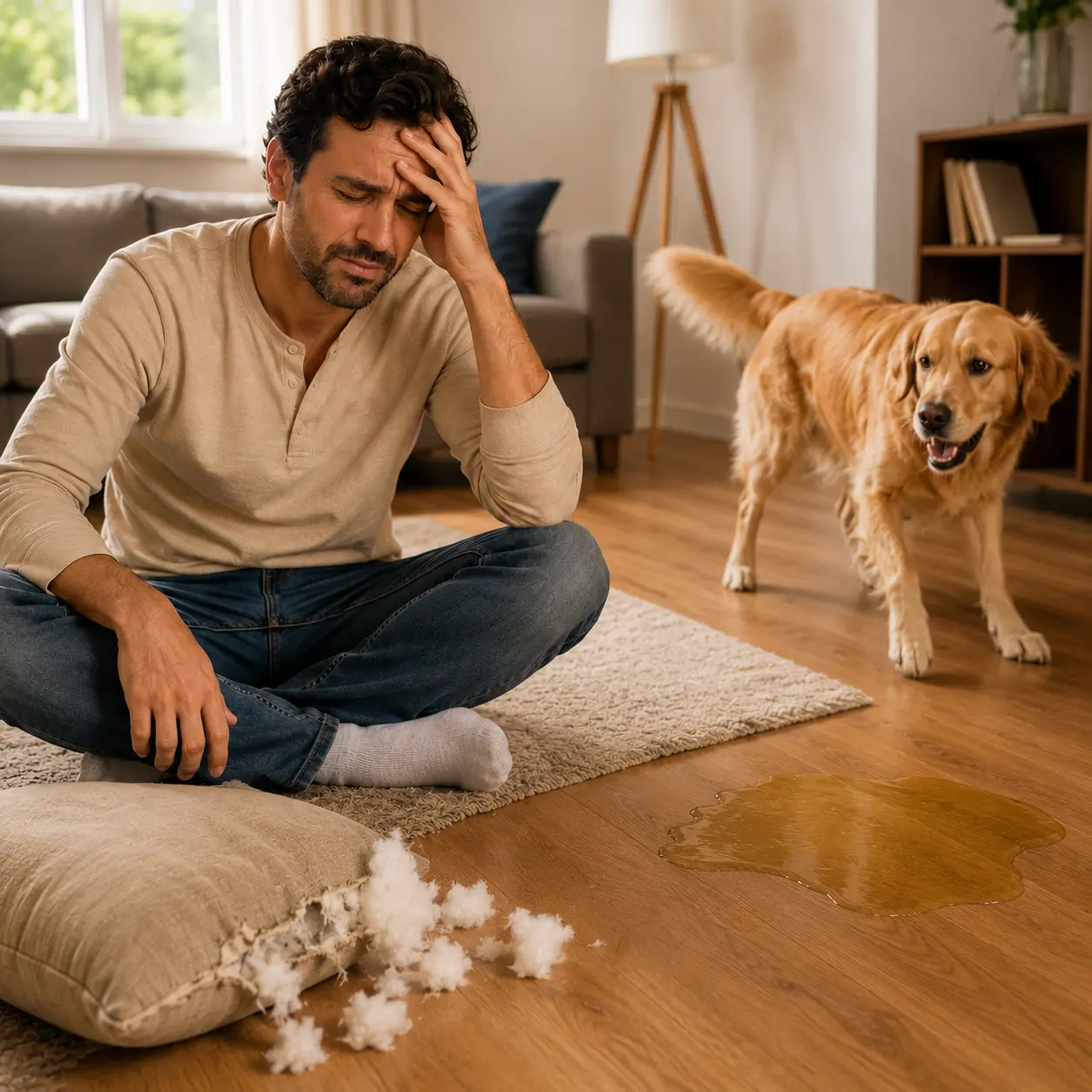 Tutor no limite olhando a bagunça deixada pelo cachorro